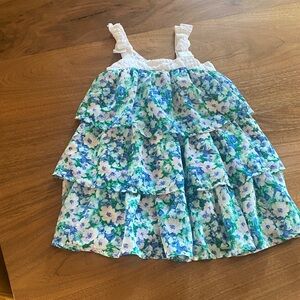 Janie and Jack three ruffle floral dress with white bow straps. Size 2T